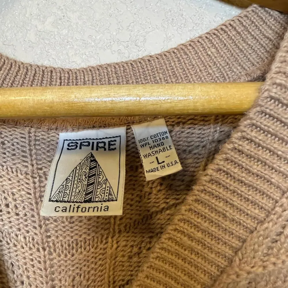 Vtg Spire California Tan Knit Sweater Women's‎ L Grandpa *Flaw